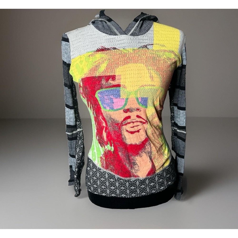 Vtg Custo Barcelona Graphic Long Sleeve Hooded Top S Rare Art Print Early Y2K